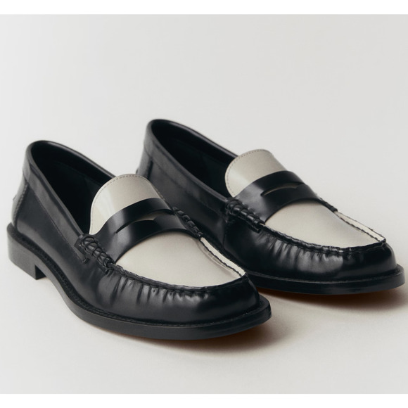 NEW MANGO MNG BLACK WHITE TWO TONE LEATHER PENNY LOAFERS SHOES SZ 36 US 6 - Picture 1 of 11
